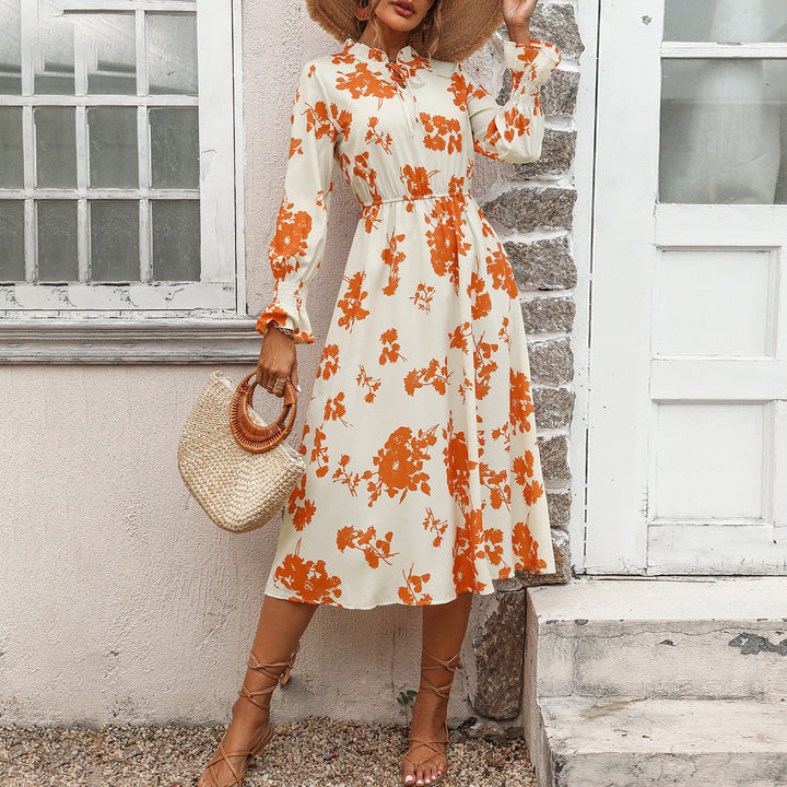 Damen Maxikleid mit floralem Print und angenähtem Bindeband Drune
