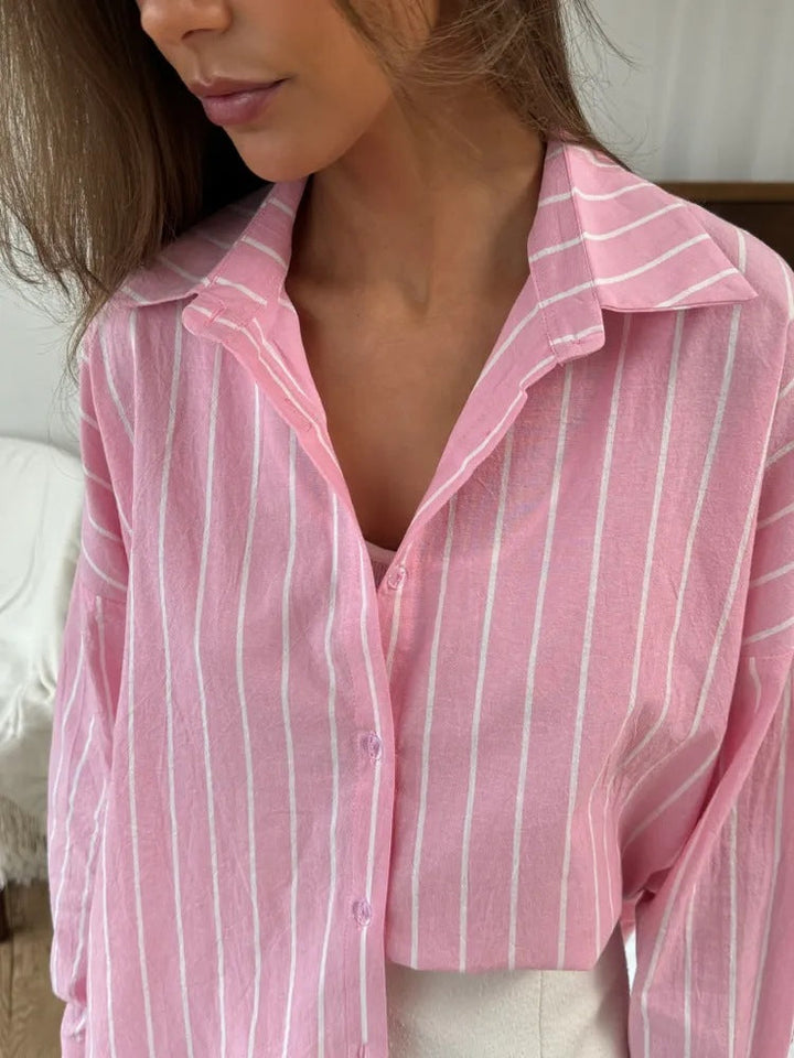 Damen Lockere Streifenbluse mit abgerundetem Saum und Knopfleiste Drune