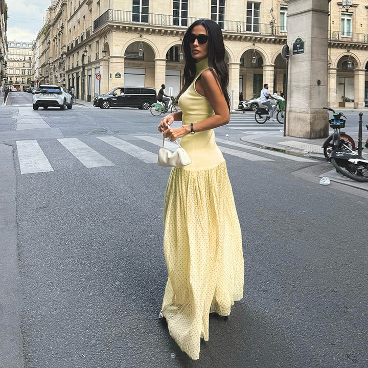 Damen Maxikleid mit ärmellosem Oberteil und romantischem Rüschensaum Drune