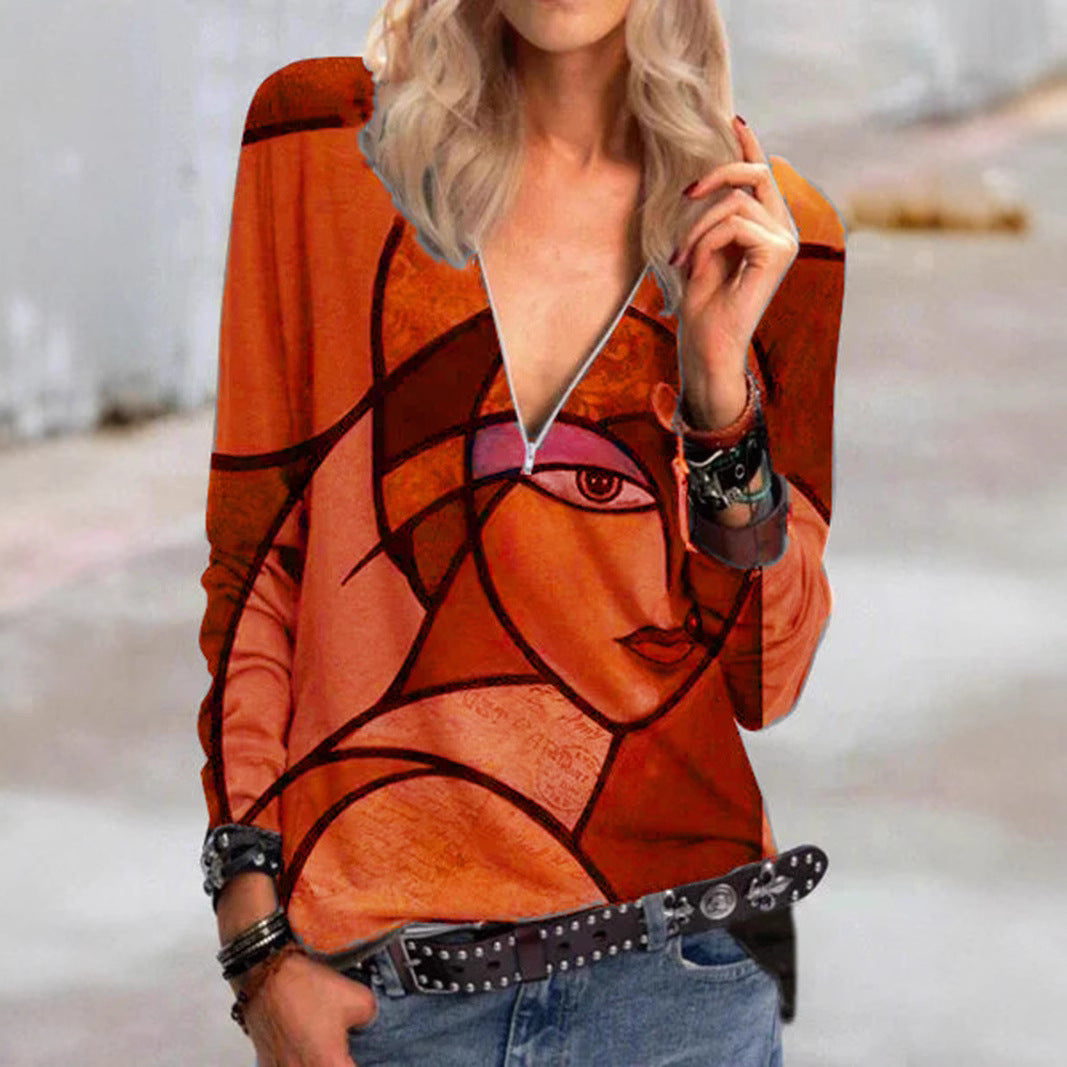 Damen V-Ausschnitt Langarmshirt mit abstraktem kubistischen Druck und Reißverschluss Drune