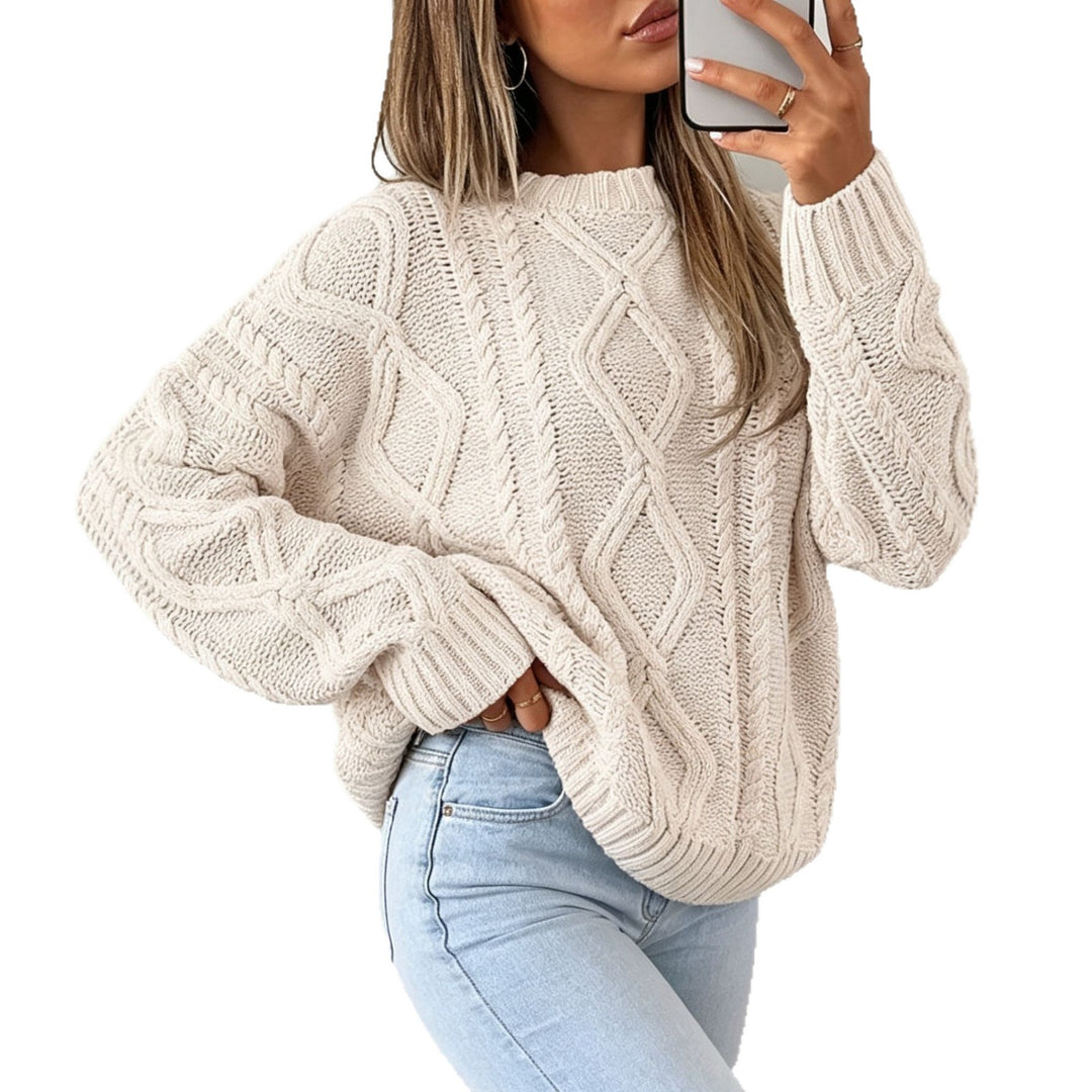 Damen Oversize Flechtstrick-Pullover mit Zopfmuster und Rundhals Drune