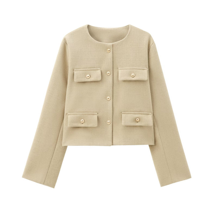 Damen Bouclé-Cropped-Jacke mit vier Pattentaschen und goldenen Schmuckknöpfen Drune