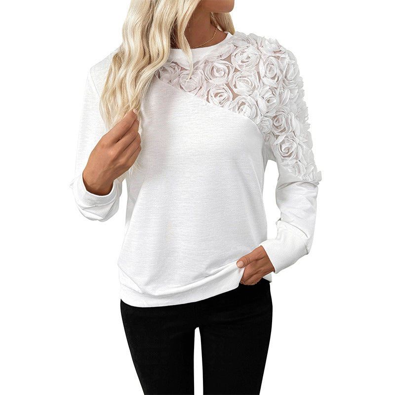 Damen Sweatshirt mit 3D-Rosenapplikation und transparentem Einsatz Drune