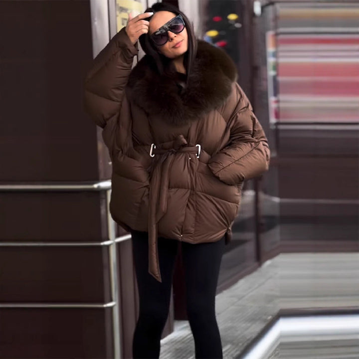 Damen Oversize Steppjacke mit Taillengürtel und Kunstfellkragen Drune