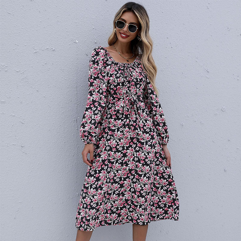 Damen Midikleid mit floralem Stufenrock, gerafftem Ausschnitt & Taillenzug Drune