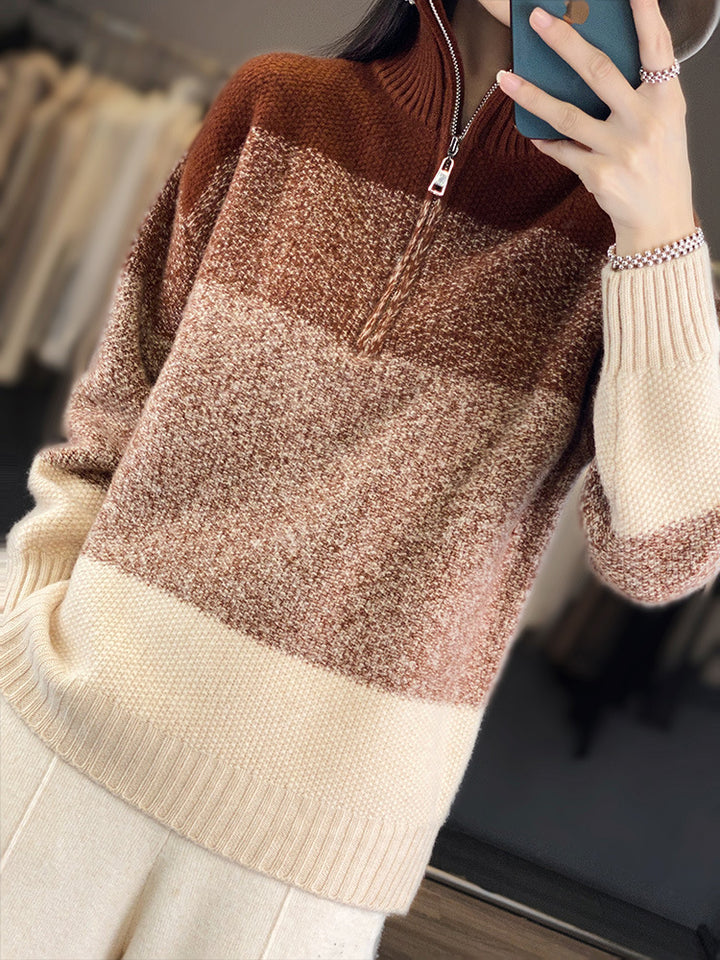 Damen Oversize-Strickpullover mit halbem Zip, meliertem Blockstreifen und weichem Flor Drune