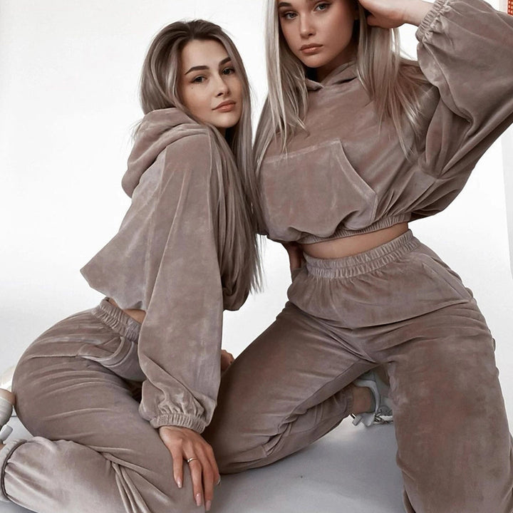 Damen Samt-Cropped-Loungewear-Set mit Kapuzenpullover und elastischer High-Waist-Jogginghose Drune