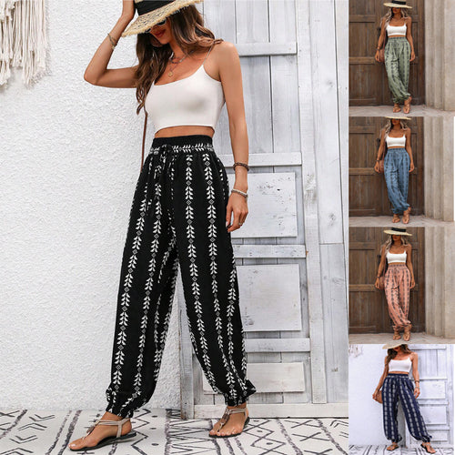 Damen Locker geschnittene Leinenoptik-Hose mit Smokbund, Kordelzug und Ethno-Print Drune