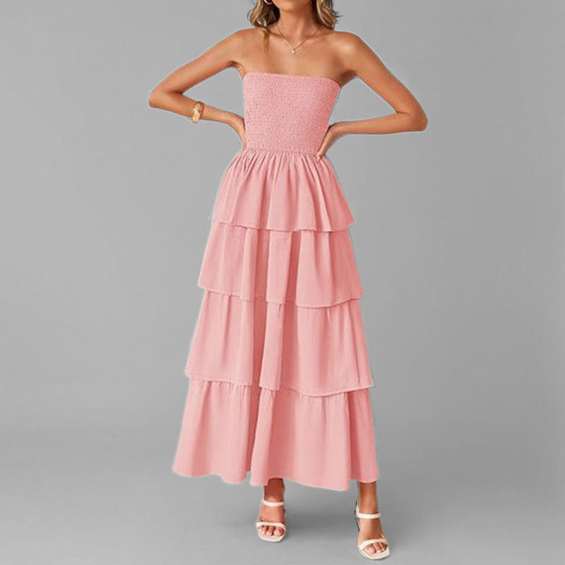 Damen Maxikleid mit schulterfreiem Design und voluminösem Stufenrock Drune