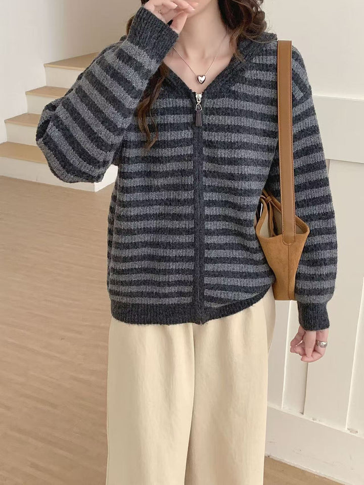 Damen lässiger Strickpullover mit Kapuze und Reißverschluss Drune