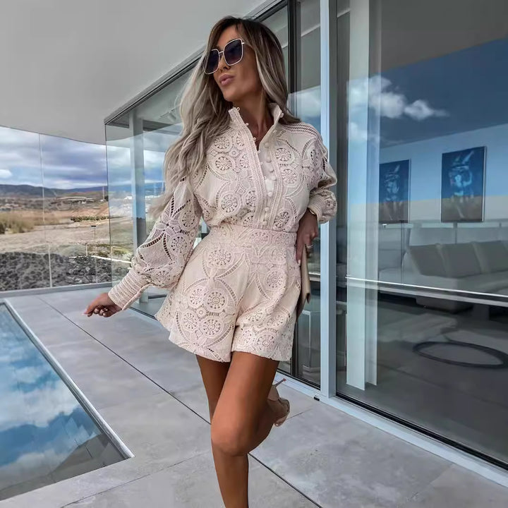 Damen Festliches Kleid mit einzigartiger Häkelspitzenstruktur und eleganten Puffärmeln Drune