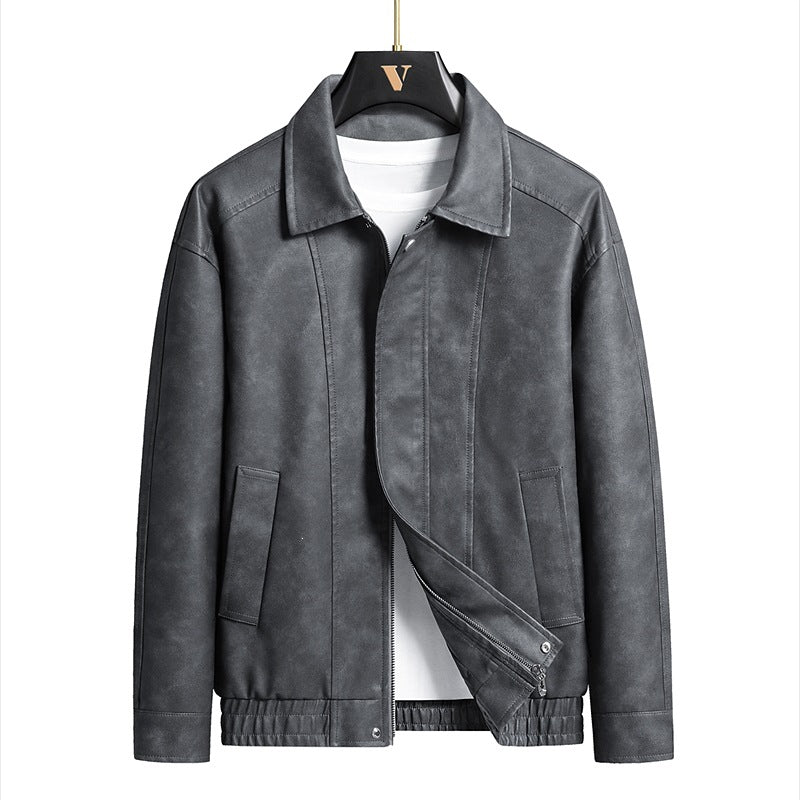 Herren Kurz geschnittene Kunstlederjacke im Vintage‑Look mit Hemdkragen & durchgehendem Reißverschluss Drune
