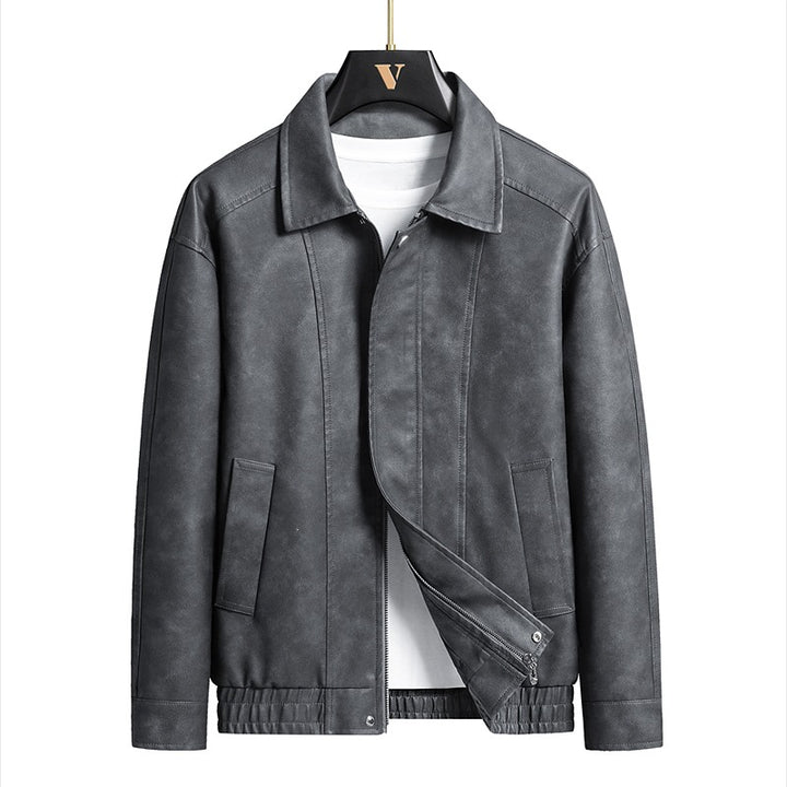 Herren Kurz geschnittene Kunstlederjacke im Vintage‑Look mit Hemdkragen & durchgehendem Reißverschluss Drune
