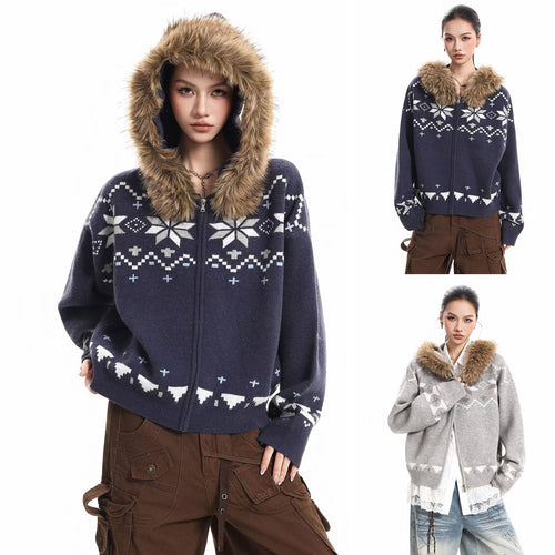 Damen Kapuzensweatjacke mit Kunstfell Kragen und Norweger-Muster Drune