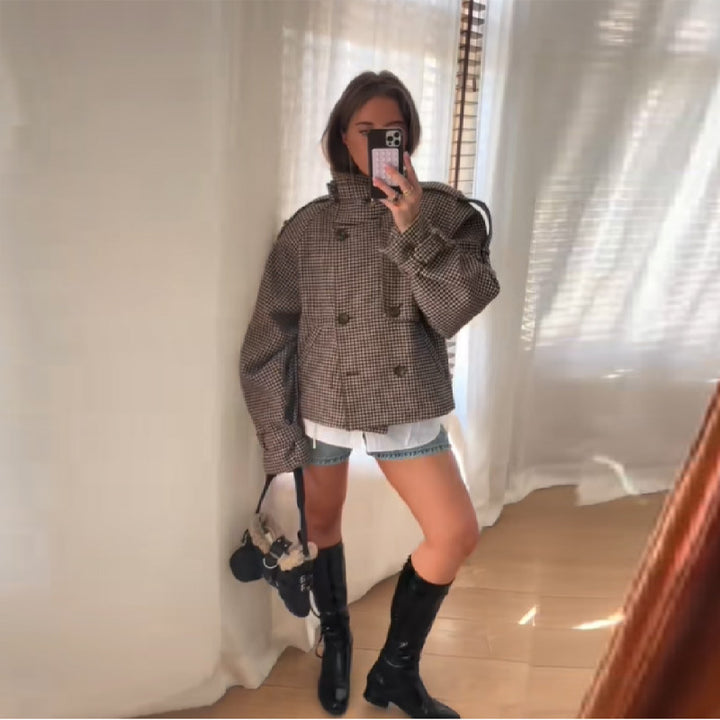 Damen Modische Tweedjacke mit doppelter Knopfleiste und dekorativen Details Drune
