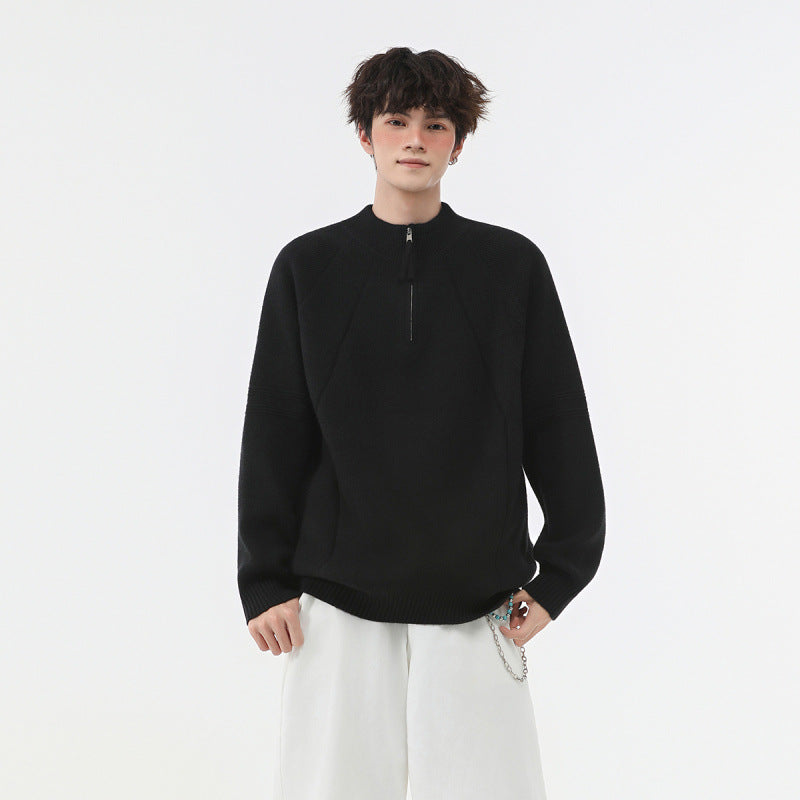 Herren Strick-Halbzip-Pullover mit Stehkragen und strukturierten Rippdetails Drune