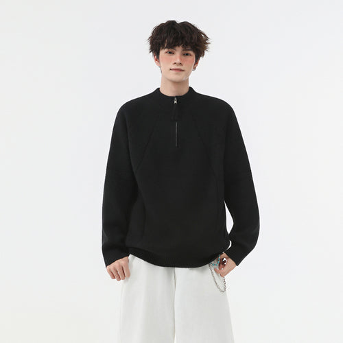 Herren Strick-Halbzip-Pullover mit Stehkragen und strukturierten Rippdetails Drune