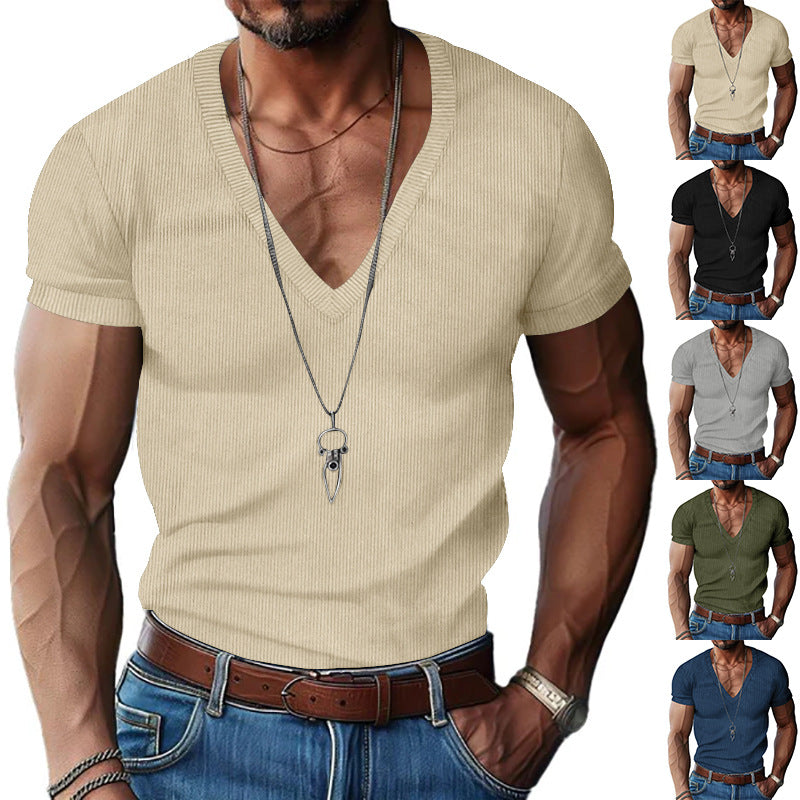Herren nan strukturiertes V-Ausschnitt-Rippjersey-Shirt mit kurzem Arm und körpernaher Passform Drune