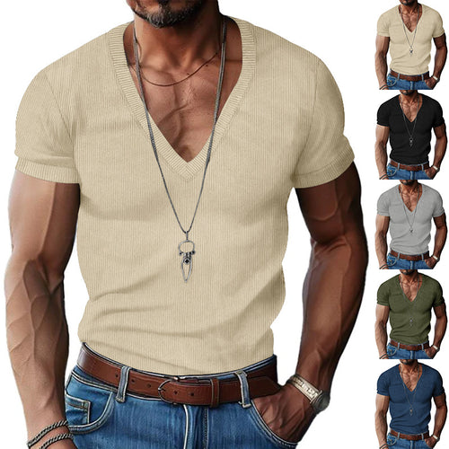 Herren nan strukturiertes V-Ausschnitt-Rippjersey-Shirt mit kurzem Arm und körpernaher Passform Drune