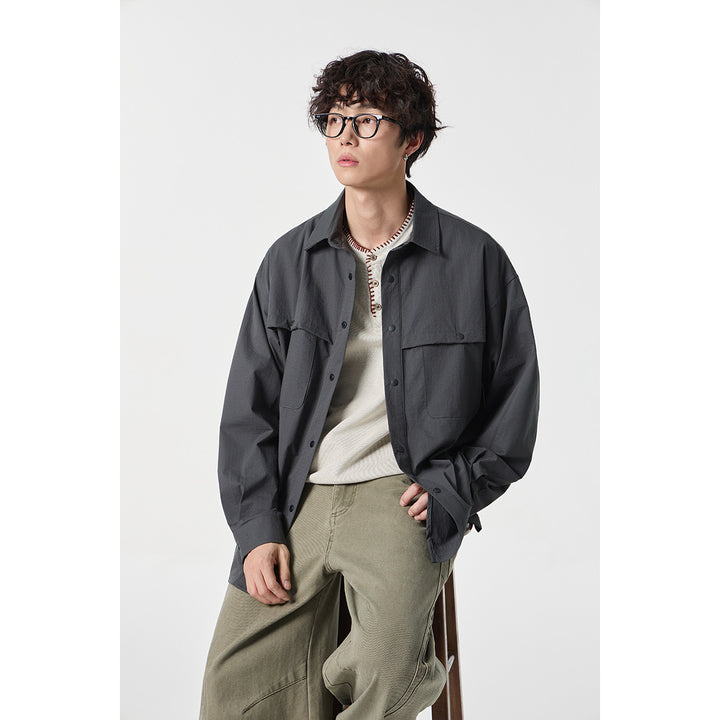Unisex Weit geschnittene Hemdjacke im Utility‑Stil mit Druckknopfleiste Drune
