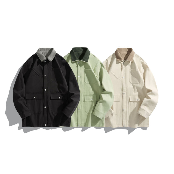 Unisex Kurz geschnittener Boxy-Canvas-Blouson mit Cordkragen, Druckknopffront und Utility‑Pattentaschen Drune