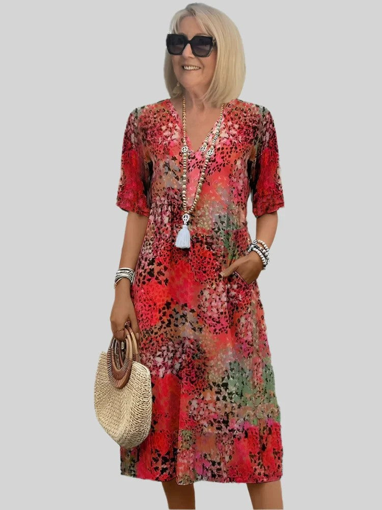 Damen lockeres Sommerkleid mit V-Ausschnitt und Taschen