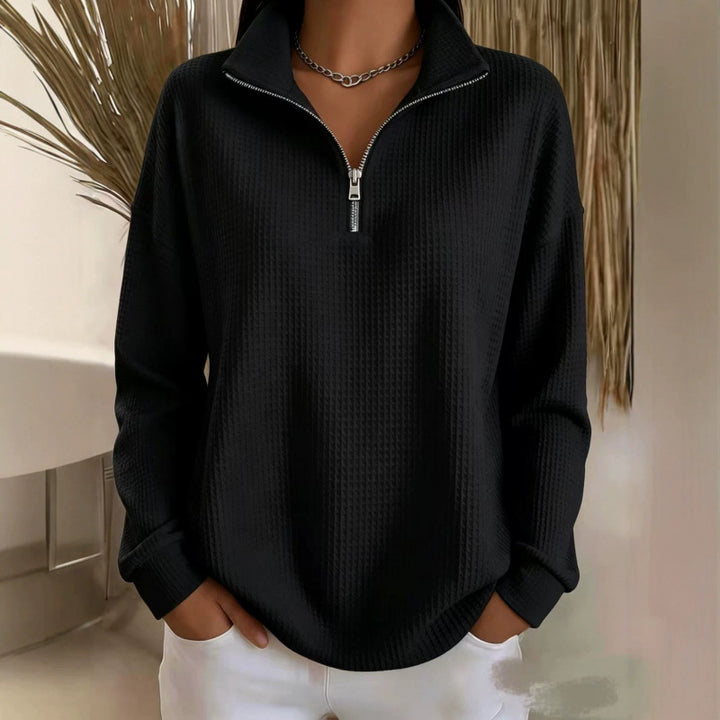 Damen Waffelstrick-Sweatshirt mit halbem Reißverschluss und Stehkragen Drune
