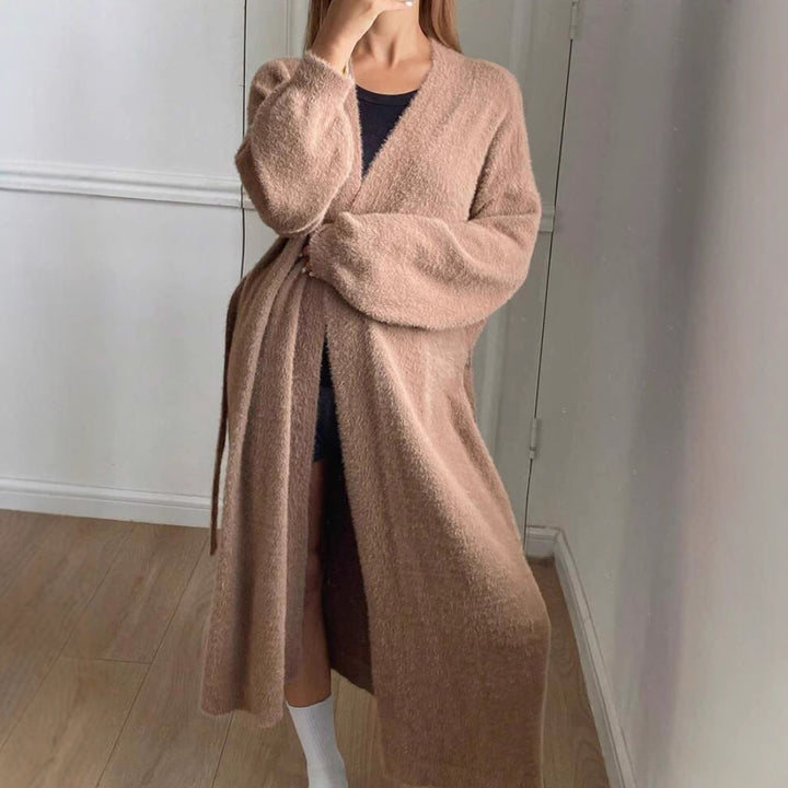 Damen Langer Wickel-Cardigan in Flausch-Optik mit Bindegürtel Drune