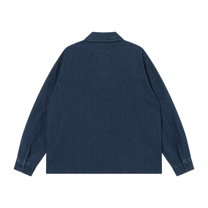 Herren Kurz geschnittene Denim-Chorejacke im Boxy-Blousonstil mit chinesischer Knebelknopfleiste Drune