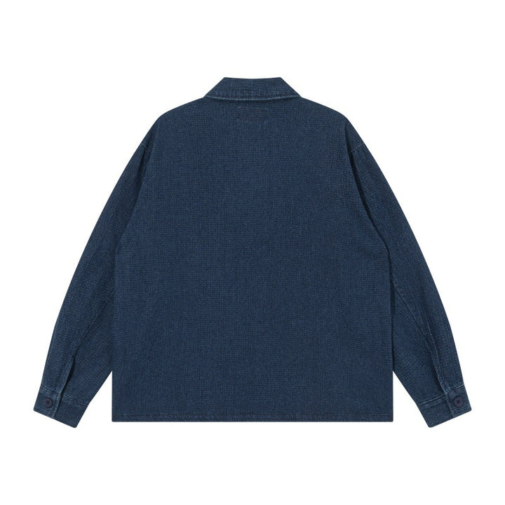 Herren Kurz geschnittene Denim-Chorejacke im Boxy-Blousonstil mit chinesischer Knebelknopfleiste Drune
