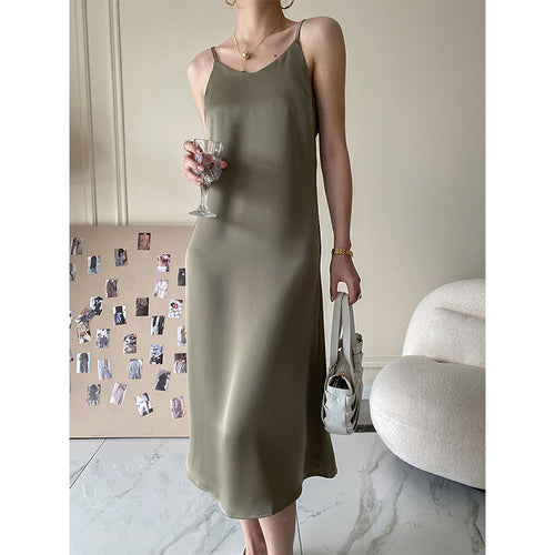 Damen elegantes Maxikleid mit dünnen Spaghettiträgern und fließendem Schnitt Drune