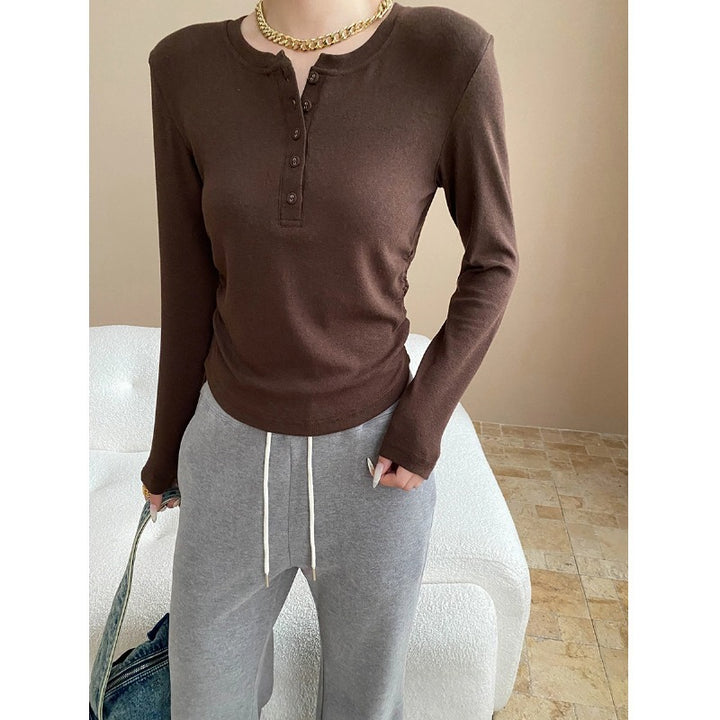 Damen Langarm-Henley-Shirt mit modischen Rippdetails Drune