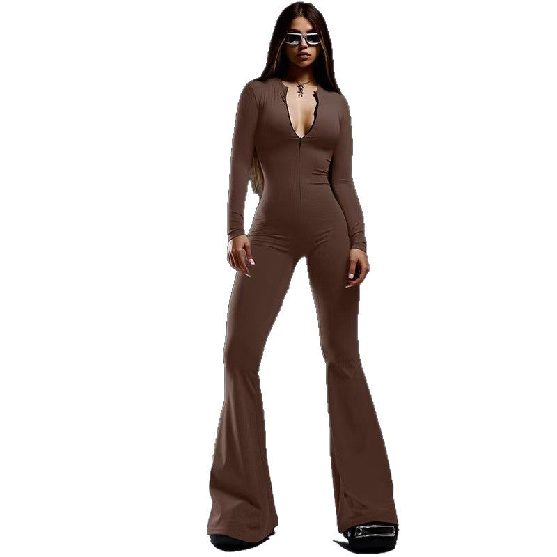 Damen Figurbetonter Jumpsuit mit tiefem V-Ausschnitt und ausgestellten Beinen Drune