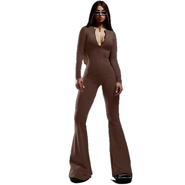 Damen Figurbetonter Jumpsuit mit tiefem V-Ausschnitt und ausgestellten Beinen Drune