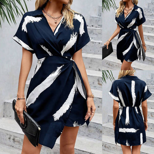 Drune | Elegantes bedrucktes V-Ausschnitt-Kleid mit Schleife
