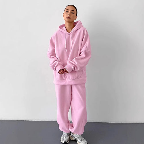 Damen Fleece Lounge-Set mit weiten Beinen und Kapuze Drune