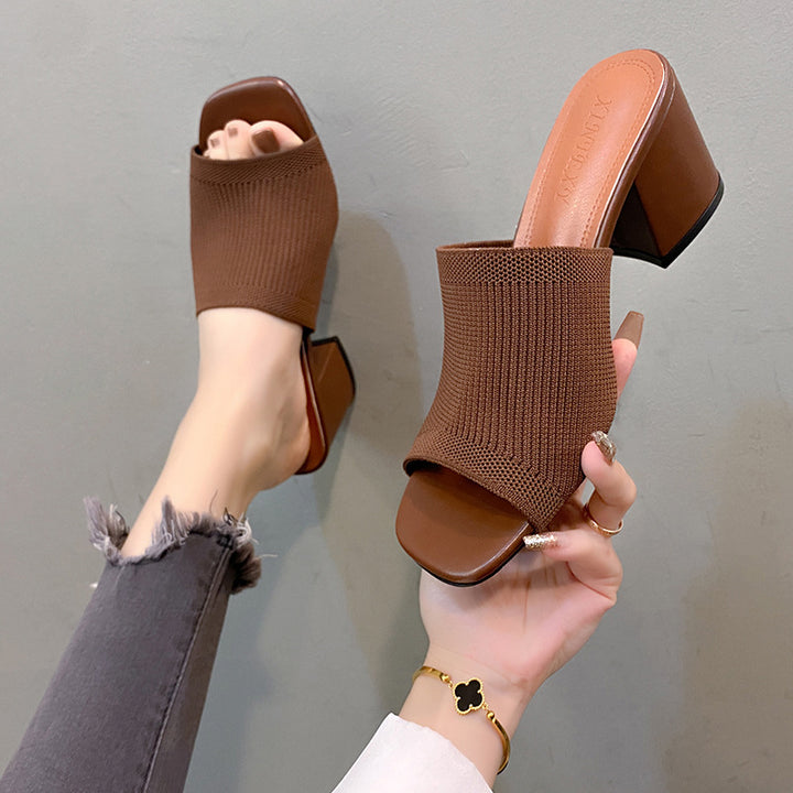 Damen Strick‑Mule mit offenem Zehenbereich und mittelhohem Blockabsatz Drune