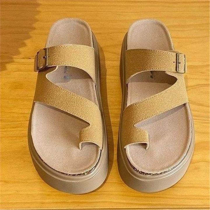 Damen Plateau-Sandalen mit Zehensteg, Kork‑Fußbett und verstellbarer Schnalle Drune