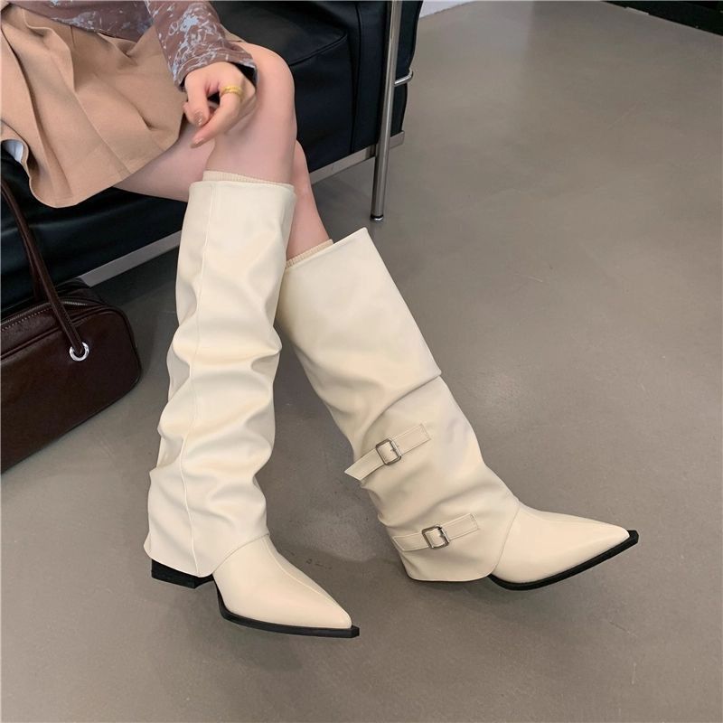 Damen Slouch-Kniehohe Stiefel mit spitzer Zehenform, dekorativen Schnallen und sculpted Blockabsatz Drune