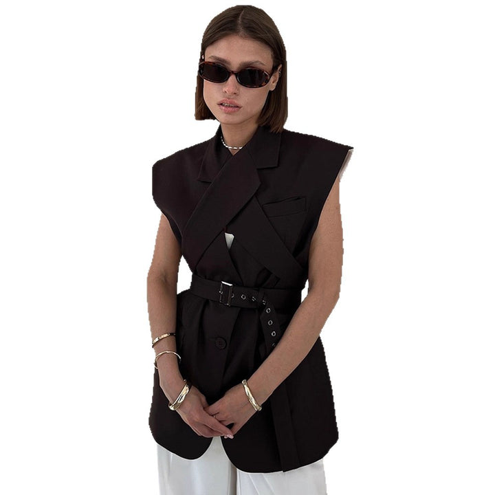 Damen Ärmellose Longblazer-Weste mit strukturierten Schultern und langen Bindebändern Drune