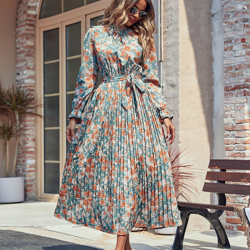 Damen Elegantes Plisseekleid mit Blumenprint, Raffung am Kragen und Bindegürtel Drune