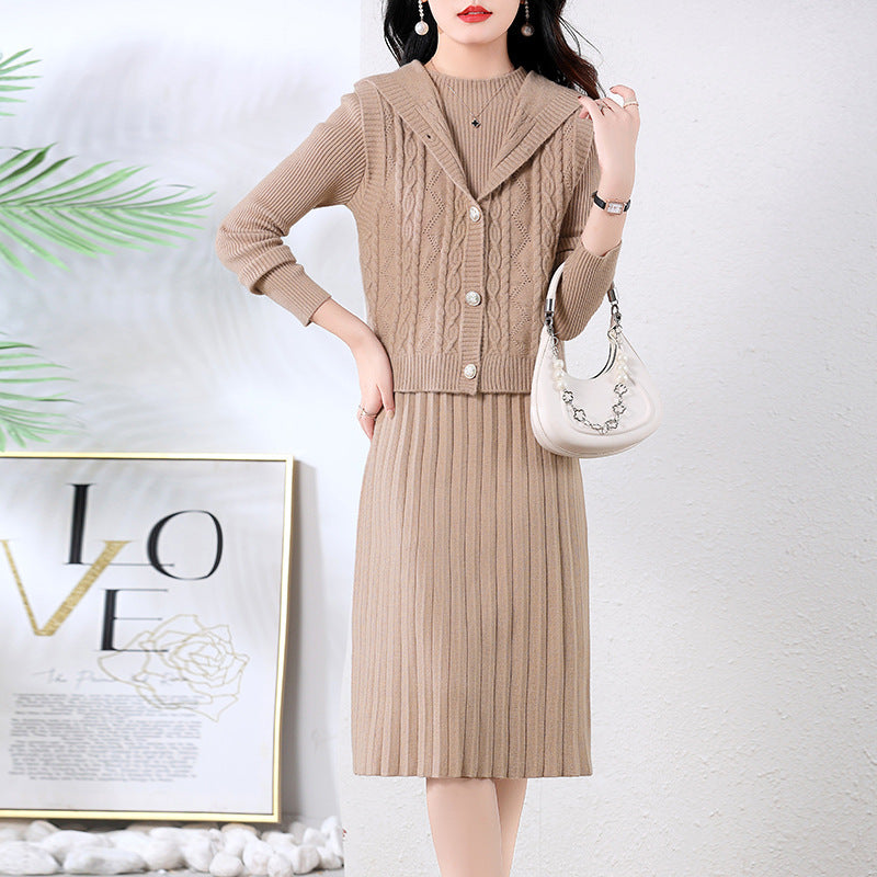 Damen elegantes Strickkleid mit großem Kragen und Knopfdetails Drune