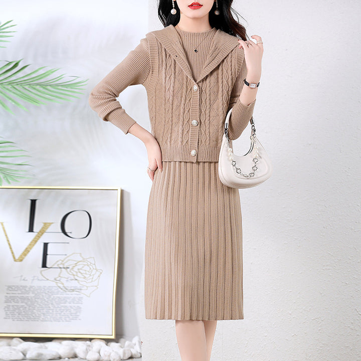 Damen elegantes Strickkleid mit großem Kragen und Knopfdetails Drune