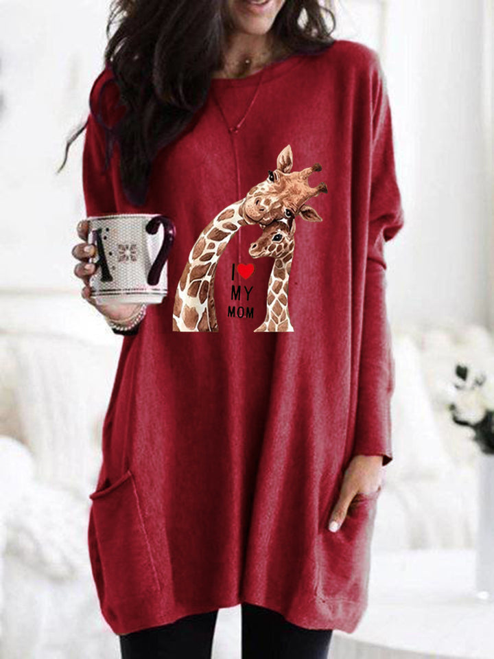 Frauen Übergroße Sweatkleid mit Giraffenmuster, Rundhalsausschnitt und Seitentaschen Drune
