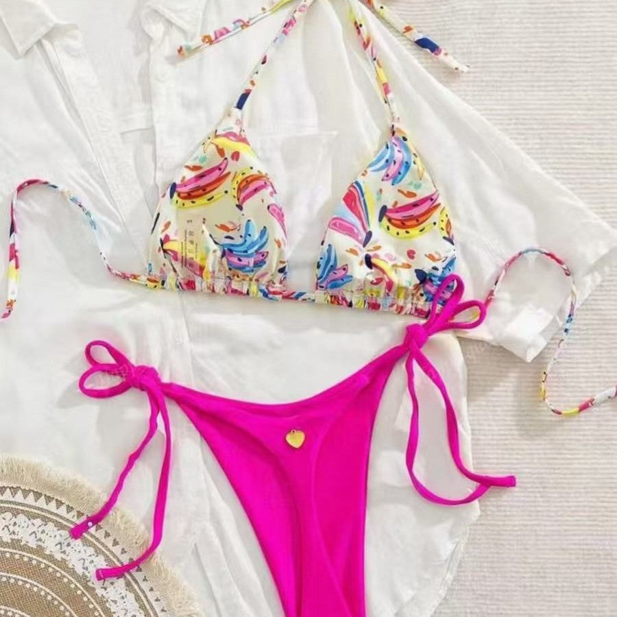 Damen Bikini-Set mit buntem Obstmuster und seitlichem Knoten Drune