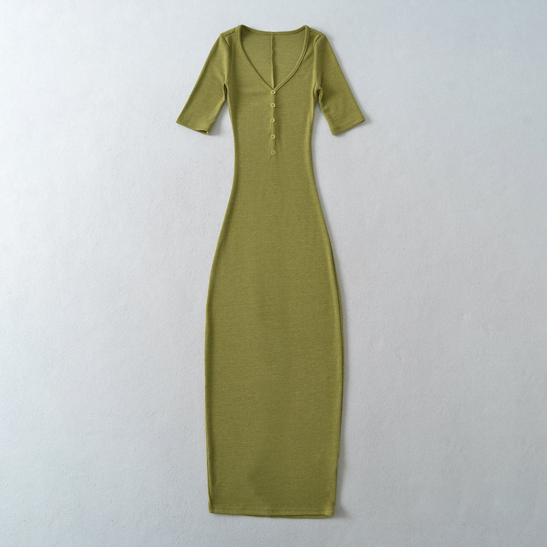 Damen Figurbetontes Midikleid aus Rippstrick mit Knopfleiste und halblangen Ärmeln Drune