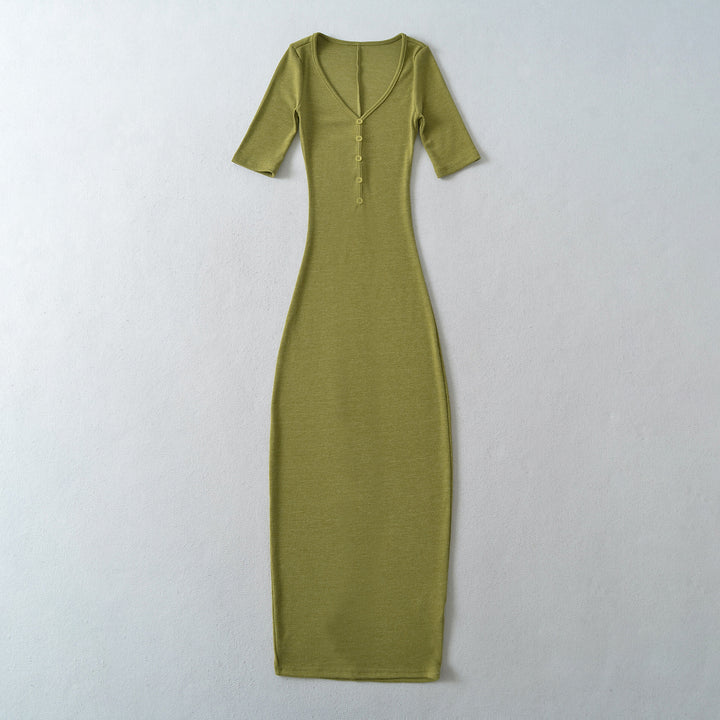 Damen Figurbetontes Midikleid aus Rippstrick mit Knopfleiste und halblangen Ärmeln Drune