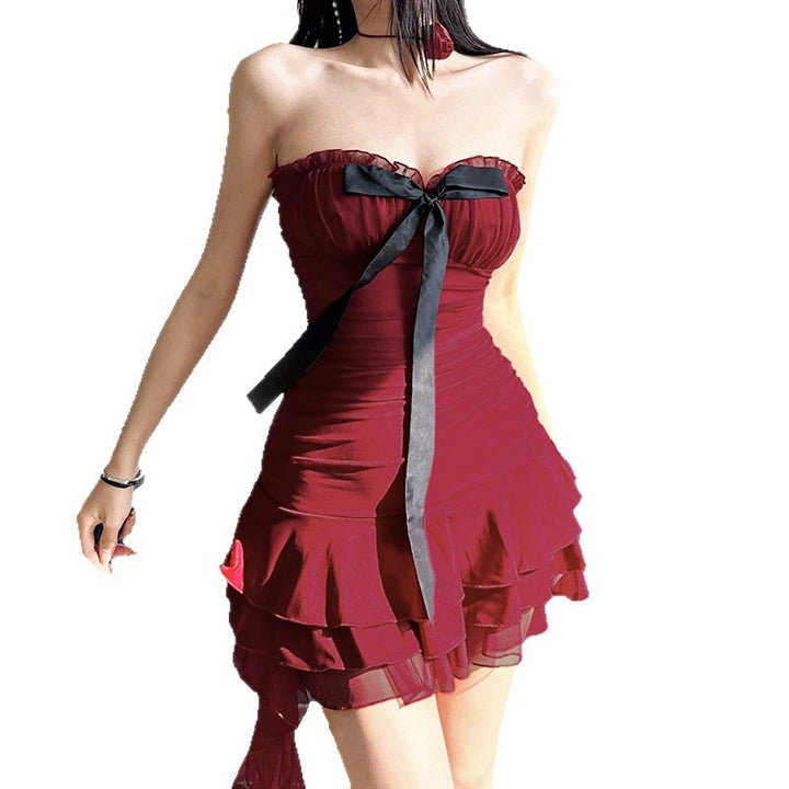 Damen elegantes Wickelkleid mit voluminösen Rüschendetails und Taillenband Drune