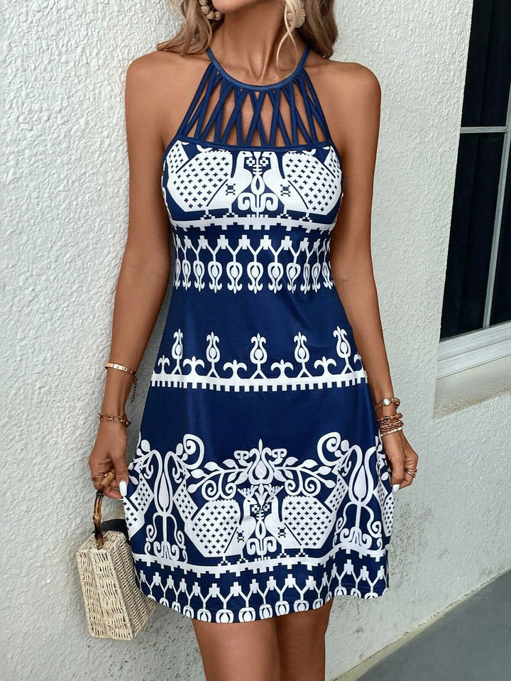 Damen ärmelloses Sommerkleid mit modischem Cut-Out-Design und grafischem Muster Drune