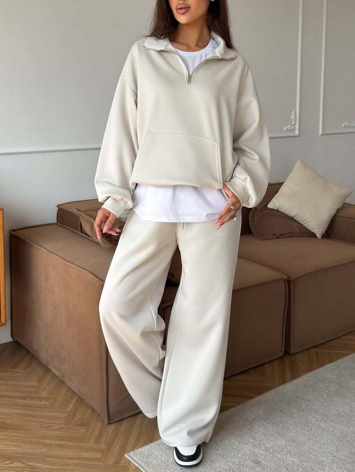 Damen Bequeme und elegante Langarm-Pullover mit Reißverschluss und weiten Jogginghose Drune